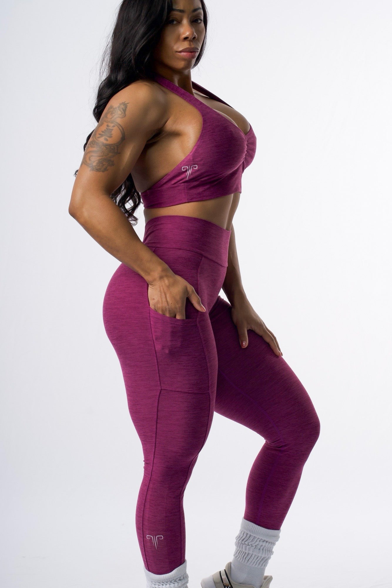 Purple halter sports bra leggings set.