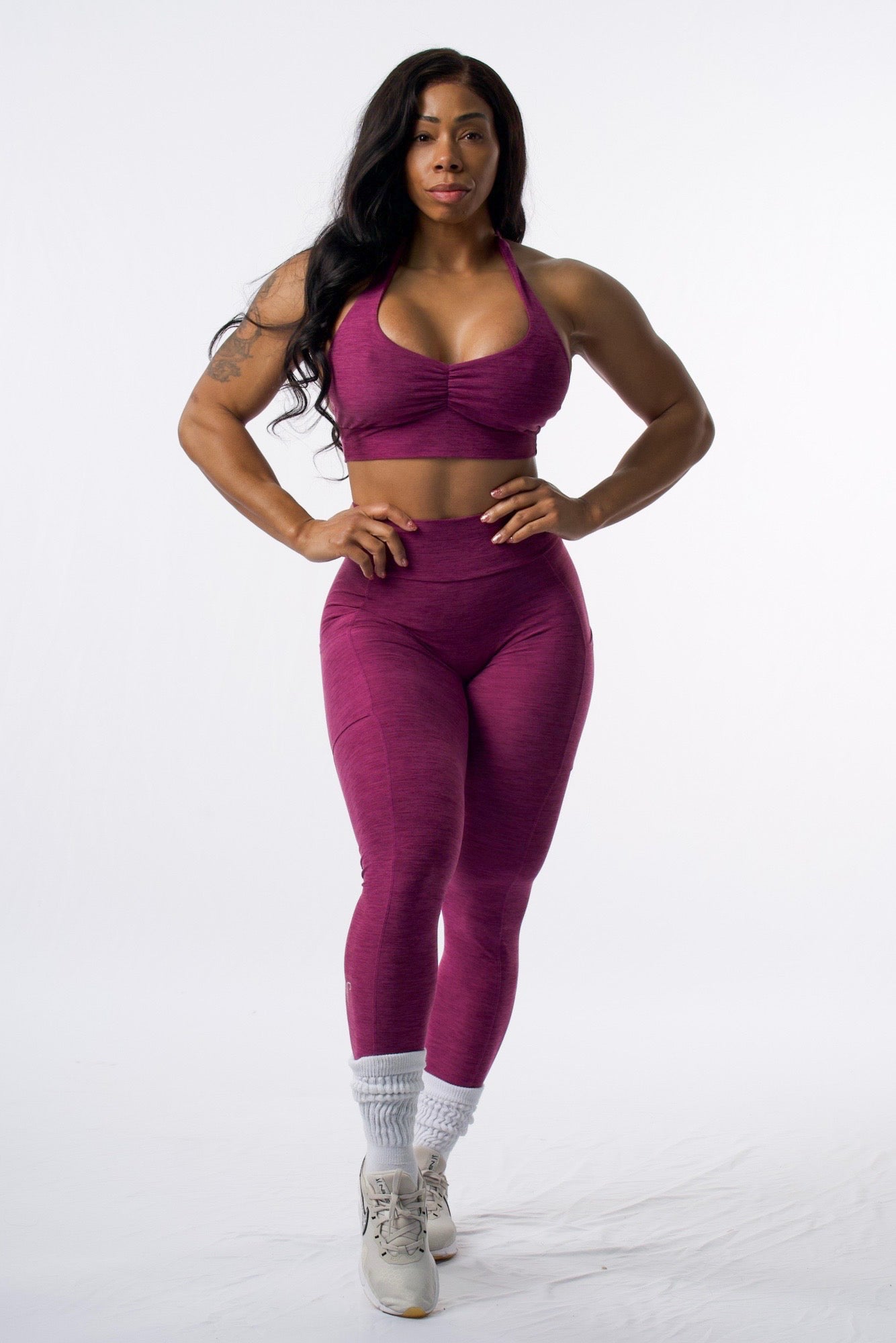 Purple halter sports bra leggings set.