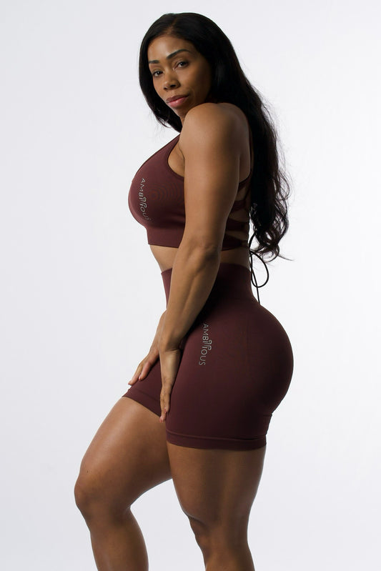 Back Lace-Up Sports Bra and Shorts Set- Brown