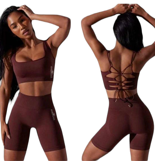 Back Lace-Up Sports Bra and Shorts Set- Brown