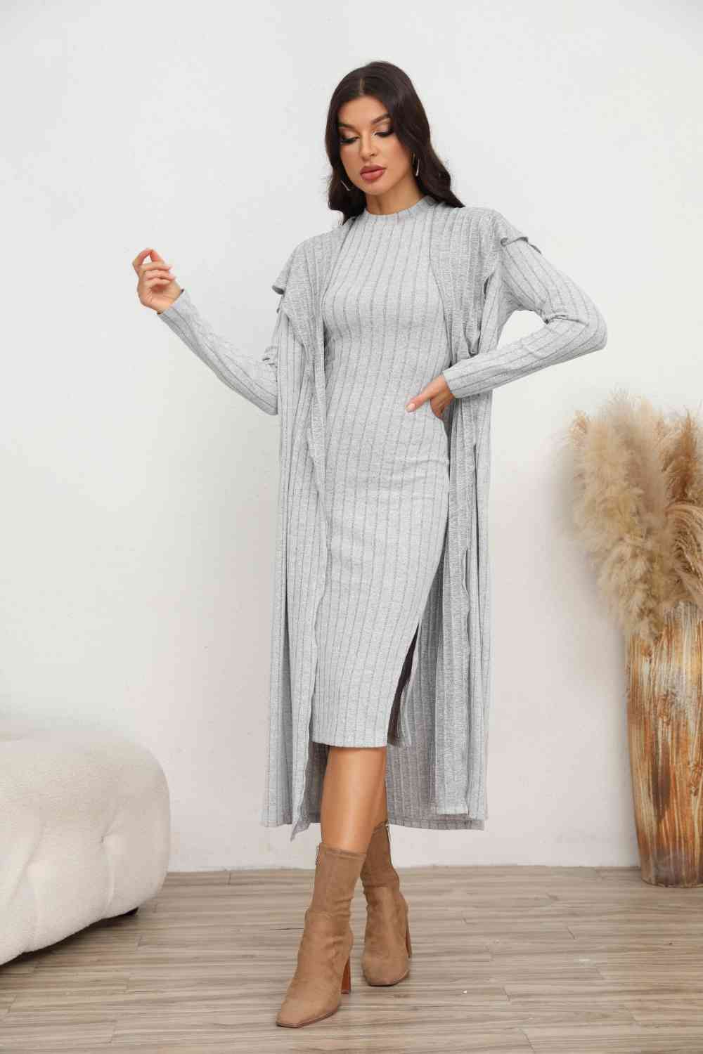 Slit Dress and Longline Cardigan Set